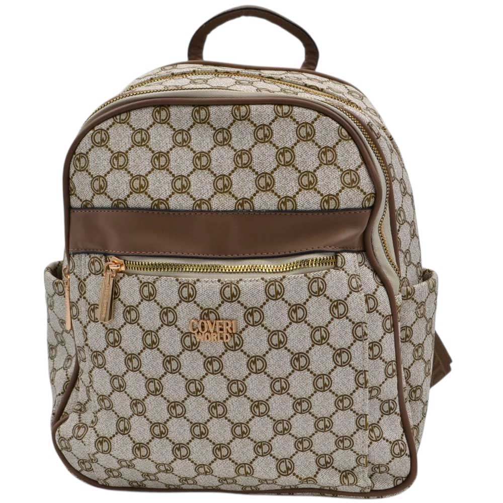 zaini-donna-firmati-537cgo-1.jpg Zaino donna firmato coveri beige marrone con fantasia monogramma cerniere dorate bretelle tracolla loggate donna zaini COVERI ACTIVE | MaluShoes - immagine 1