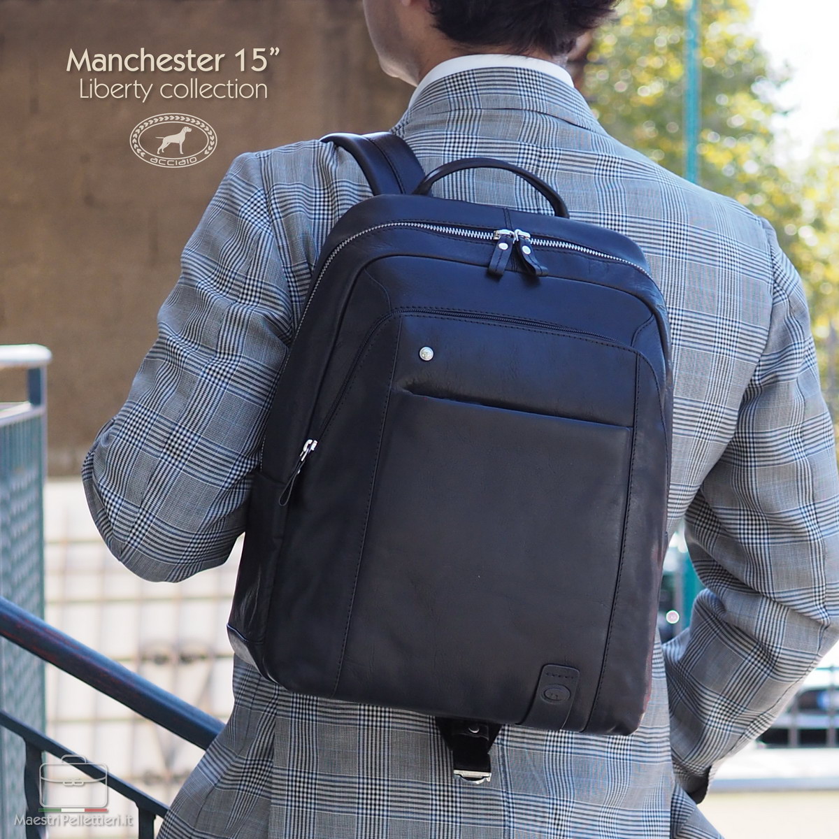 zaino-porta-pc-082sru-1.jpg Zaino pc in pelle Manchester 15" Nero | Acciaio Design - immagine 1